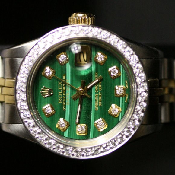 Ladies Rolex Oyster Perpetual Datejust Malachite Diamond Dial Gold Steel main image 5